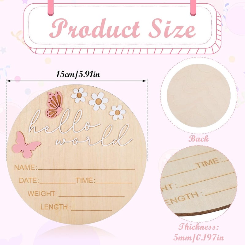 Ajcotahm Hello World Newborn Sign, 5.9 Inch Wooden Baby Announcement Sign Pink Butterfly Style Birth Welcome Board for Newborn Boys Girls Photo Props Baby Shower Hospital Nursery (White) - Image 2